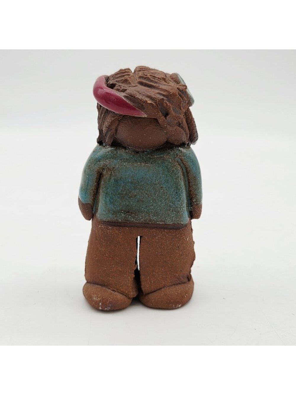 Handcrafted Red Clay Boy Figurine With Red Bandana & Feather